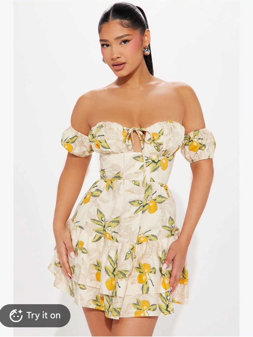 Off-Shoulder Lemon Print Mini Dress in Cream